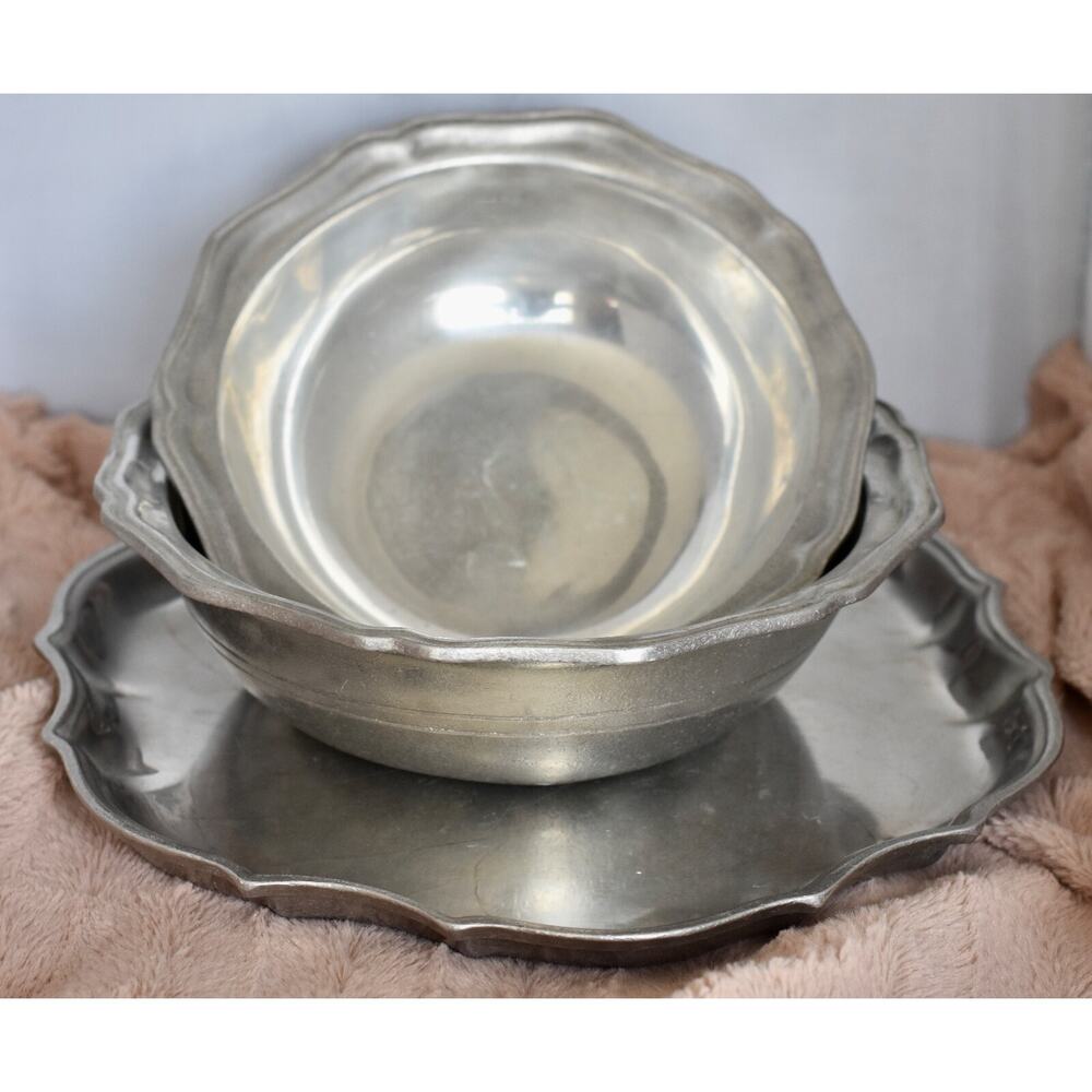 French Country 3pc Metalwear Pewtarex York Pennsylvania Pewter Bowls & Platter